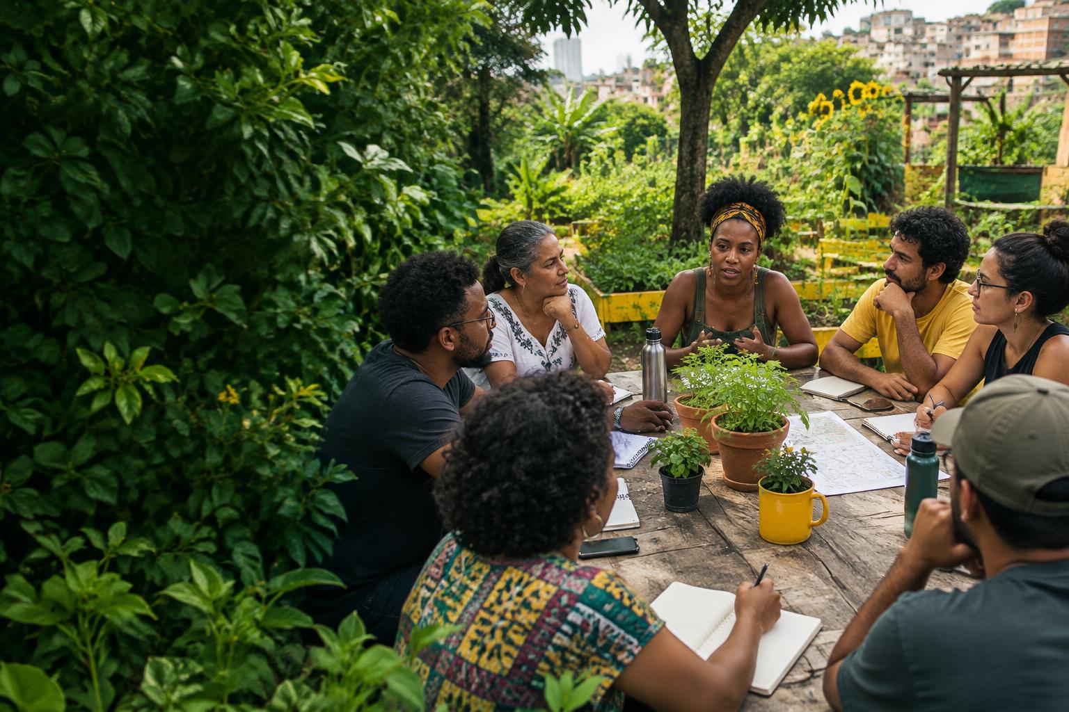 Pessoas reunidas em uma horta comunitária